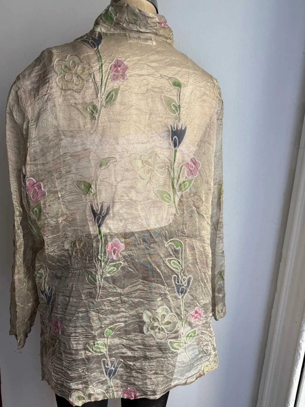 Vintage Burnout Silk Floral Blouse Sheer Embroidered Boho Romantic Top